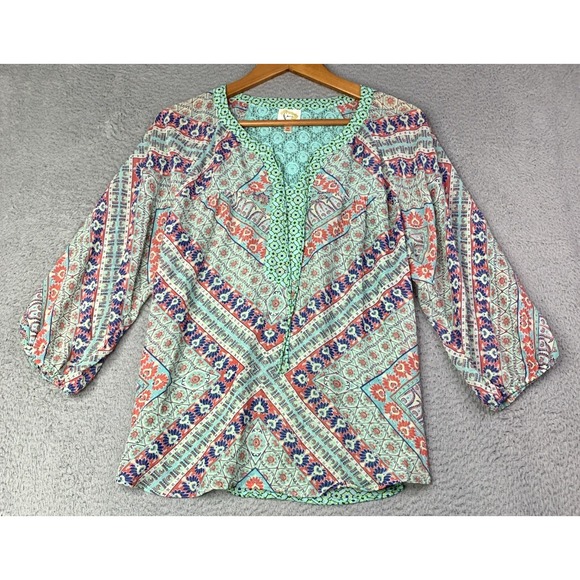 Anthropologie Fig and Flower Blouse Womens Size Medium Teal Multicolor Sheer - Picture 2 of 12